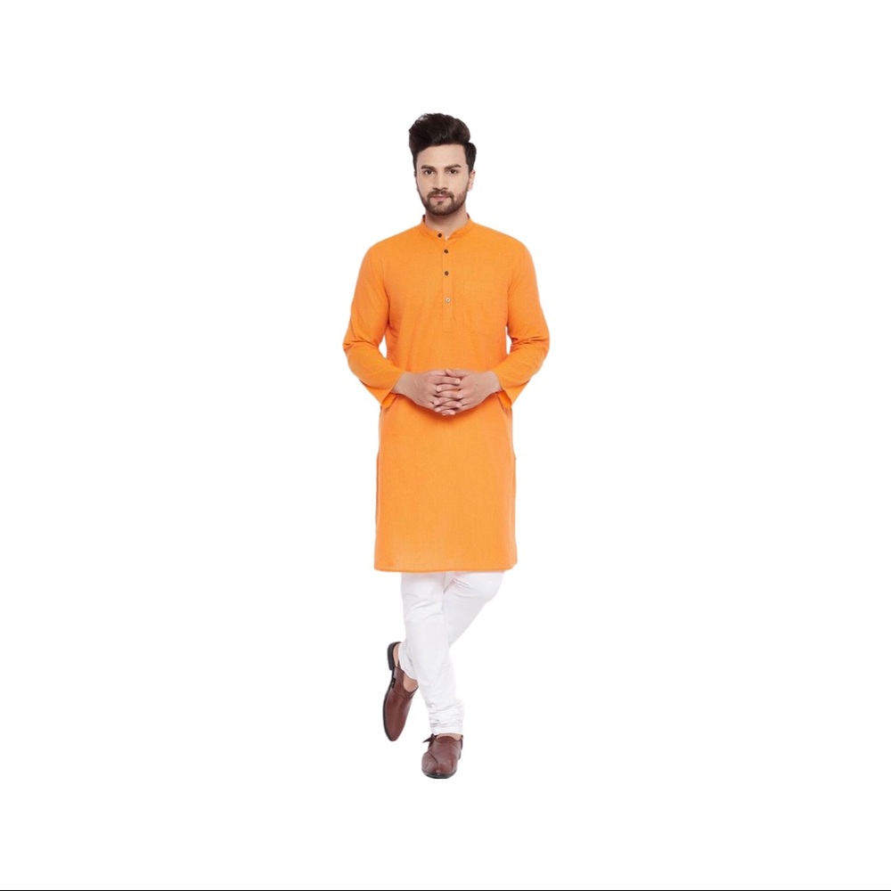 Men's Orange Kurta Cotton Traditional India Shirt Dress Size 44 (Large)